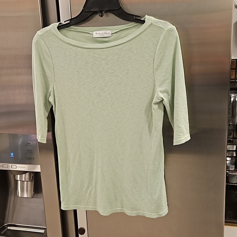 💕MICHAEL STARS💕 Dot Boatneck 3/4 Sleeve Slub Jersey Knit Tee ~ Mint Green NWOT